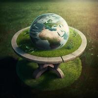 ilustración de planeta tierra en el mesa y hierba,globo en el mesa hierba, generativa ai foto