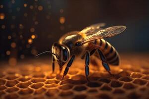 Bee diligently labor over honeycomb, a marvel of natural engineering. photo