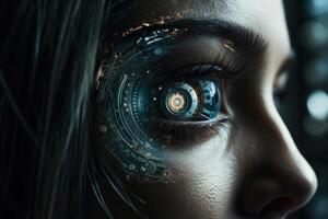 Intricate blend of cyborg female visage and high tech cyber security, AI concepts unite. photo