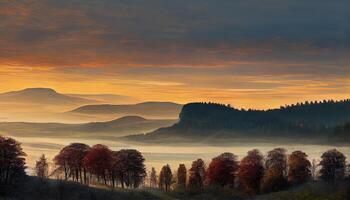 europeo haya, fagus Sylvatica a amanecer en el schauinsland, con ver de el belchen generativo ai foto