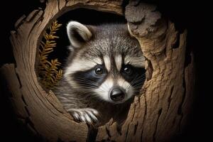 un curioso mapache echar un vistazo fuera de un árbol hueco, con sus enmascarado cara mirando afuera. ai generado foto