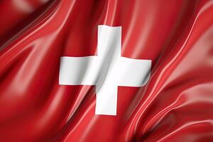 Red and white cross background, waving the national flag of Switzerland, waved highly detailed close-up. photo