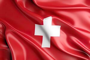 Red and white cross background, waving the national flag of Switzerland, waved highly detailed close-up. photo