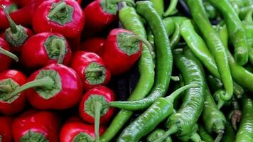 Man choose fresh vegetable and fruit in greengrocer, red and green peppers on the grocery shelf, selective focus video