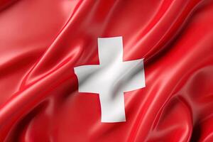 Red and white cross background, waving the national flag of Switzerland, waved highly detailed close-up. photo