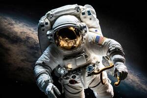 paseo espacial. astronauta pasos dentro el vacío. ai generado foto