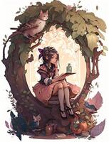 illustration of a cute girl is sitting under a tree, in the style of rococo-inspired art, mirror rooms, whimsical cats, kawacy, enchanting watercolors, magenta and brown photo