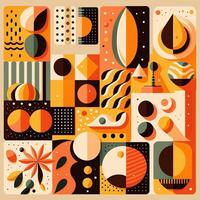 Poster in retro style of the 70s, patchwork, circles, geometric figures, abstraction and psychedelic pattern. Bright and warm color palette, shades of orange, yellow, green and pale blue. photo