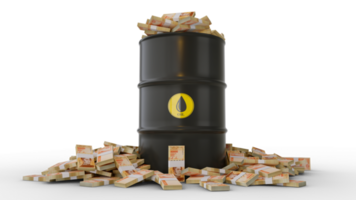 Stacks of Venezuelan bolivar notes inside black Oil Barrel isolated on transparent background. 3d rendering png