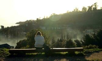 nuevo athos abjasia.marzo, 26, 2023. un niña es sentado en un parque banco y acecho el puesta de sol. foto