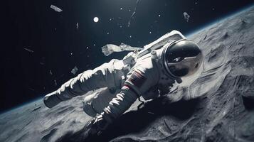 3D realistic, an astronaut in a spacesuit flies in space against the background of the planet.. Created with photo