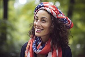 un hermosa joven mujer envuelto en un americano bandera en su cuello en el campo. ai generativo foto