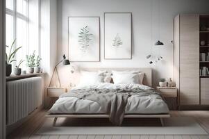 interior of a bedroom with white mockups for tableau, plants in the side, contemporary furniture design, photo