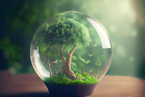 World environment and earth day concept with glass globe and eco friendly enviroment. photo