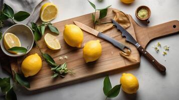 Wooden board, lemons, peeler and fresh rind on white textured table, photo