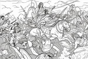 medieval batalla escena con caballería y infantería. negro y blanco vector ilustracion.colorear libro página.generativa ai foto