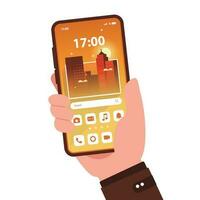 Hand holding mobile phone with home screen.Touchscreen with search bar.City vector illustration