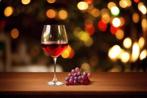 vaso de rojo vino y uvas en un de madera mesa.botella y vaso de rojo vino con uvas. generativo ai foto