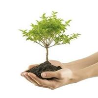 Environment Earth Day In the Tree plant in hand isolated on transparent background.Forest conservation concept, concept eco earth day. Saving the environment, ecology concept, generate ai photo