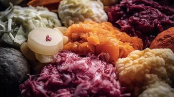 Cultured Cuisine Close-Up, assorted probiotic-rich fermented foods, including sauerkraut, kimchi, and kefir photo