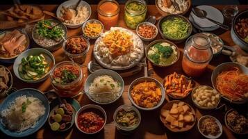 Gut-Healthy Fermentation Feast lavish spread of probiotic-rich fermented foods, including sauerkraut, kimchi, and kefir photo