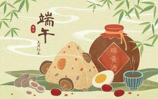 continuar barco festival realgar vino y zonzo ilustración en verde fondo, duanwu, fecha y vino nombre escrito en chino caligrafía vector