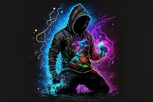 double exposure a lone figure in a hoodie and power boxing, universes collide with neon, cyberpunk, holography, cosmic background. Anonymous man in a black hoodie hacking computer avatar photo
