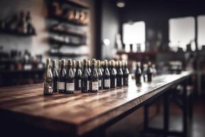 un borroso vino tienda con botellas conjunto en un de madera mesa con un creado por tecnología antecedentes. ai generado foto