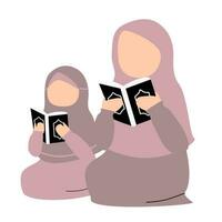 Illustration of mother and her daughter reading quran vector