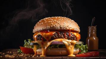 Delicious Burger Delight. Juicy patty, melted cheese, and crisp veggies on a dark backdrop. Perfectly satisfying. photo