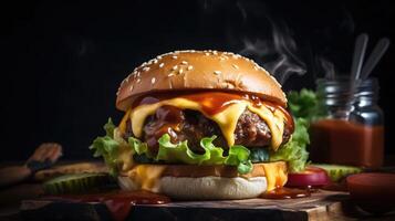 Delicious Burger Delight. Juicy patty, melted cheese, and crisp veggies on a dark backdrop. Perfectly satisfying. photo