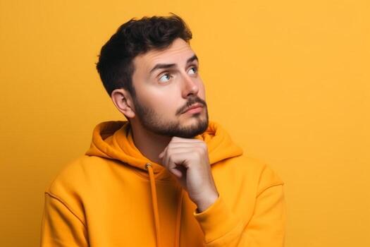 A man is being photographed on a solid background with a look of confusion on his face. photo