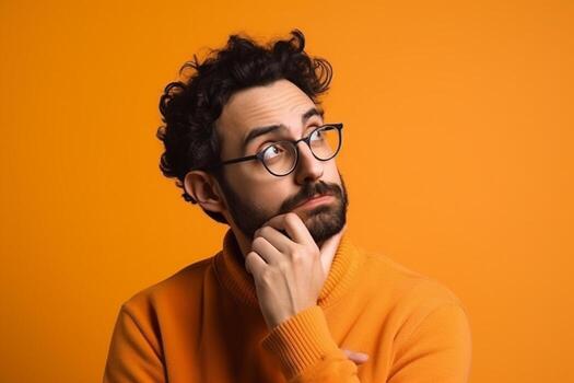 ai generativo un hombre es siendo fotografiado en un sólido antecedentes con un Mira de Confusión en su rostro. foto