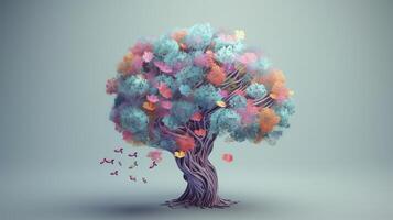 Human brain tree with makes, self care and mental thriving concept. Creative resource, photo
