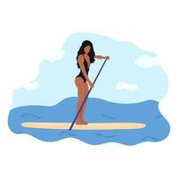 Water sports. Young woman standing on sup board isolated. Surfers and others during windsurfing, kiteboarding. Flat graphic vector illustrations