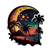 Moon and stars at night tess, landscape with palm trees, retro syntes color design, ocean wave . AI Generated png
