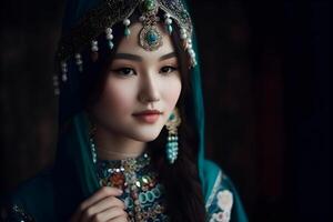 ai generado hermosa kazakh asiático mujer retrato en nacional traje. mujer con bebé foto