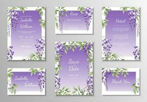 conjunto de Boda plantillas, pancartas, invitaciones para el vacaciones.hermosas tarjeta postal decoración con púrpura glicina vector