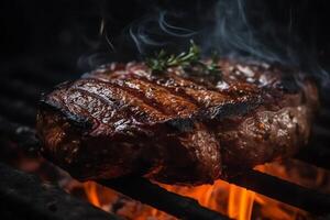 Gegrilltes steak auf dem grill mit flamme. photo