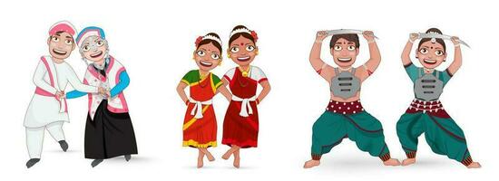 Classical Dancer Performing In Three Style With Traditional Attire Against White Background. vector