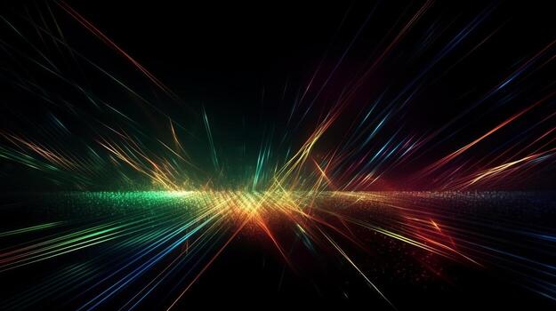 Progressed, neon colored, illuminating lines crossing clouds at night over dim establishment. Creative resource, photo