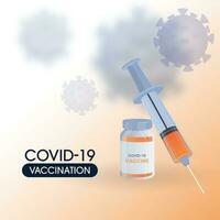 covid-19 vacunación concepto con vacuna botella y jeringuilla inyección en virus afectado blanco y naranja antecedentes. vector