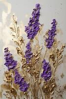 , lavender branches hand drawn oil painting with golden leaves on white background photo