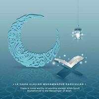 Crescent Moon Shaped Arabic Calligraphy Of Dua Wish La Ilaha Illallah Muhammadur Rasulullah With Quran Book And Illuminated Lantern Hang On Blue Background. vector