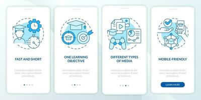 Microtraining aspects blue onboarding mobile app screen. Walkthrough 4 steps editable graphic instructions with linear concepts. UI, UX, GUI template vector