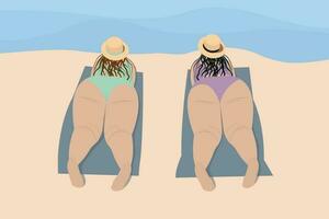 Body positivity. Two happy overweight women, on the beach on towels by the sea vector