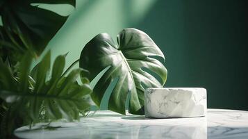 Unessential, progressed white marble stone counter table, tropical monstera plant tree in sunshine on green divider establishment for luxury progressed characteristic remedial. photo