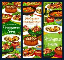 portugués cocina vector pancartas, Portugal comidas