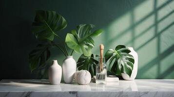 Unessential, progressed white marble stone counter table, tropical monstera plant tree in sunshine on green divider establishment for luxury progressed characteristic restorative. photo