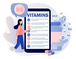 vitaminas complejo. minúsculo mujer leyendo lista multi vitamina suplemento, vitamina a, grupo si b1, b2, b6, b12, C, d, mi, k en teléfono inteligente sano nutrición. moderno plano dibujos animados estilo. vector ilustración